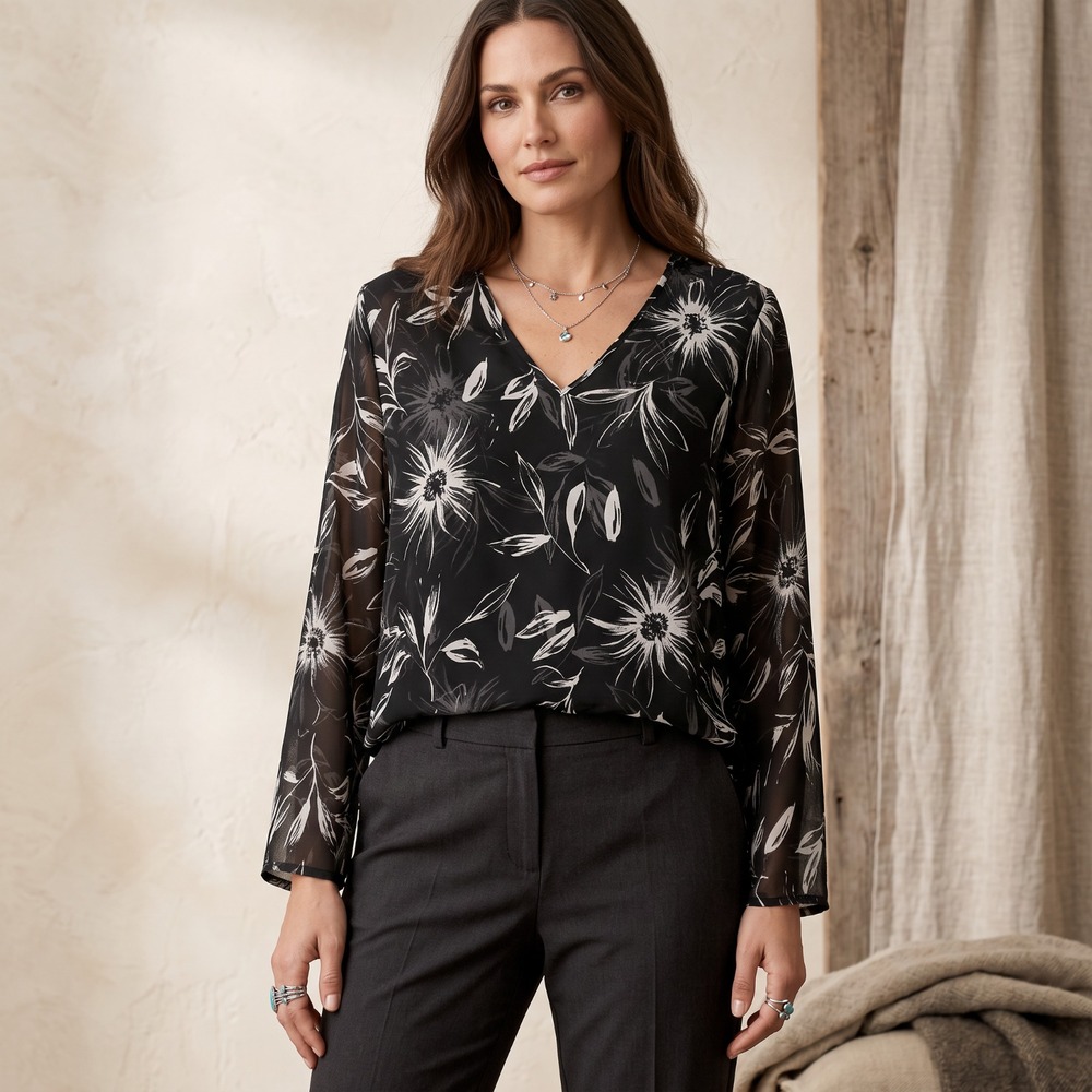Chicos Whimsigoth Sheer Floral Blouse Black White Corporate Goth V Neck Boho L